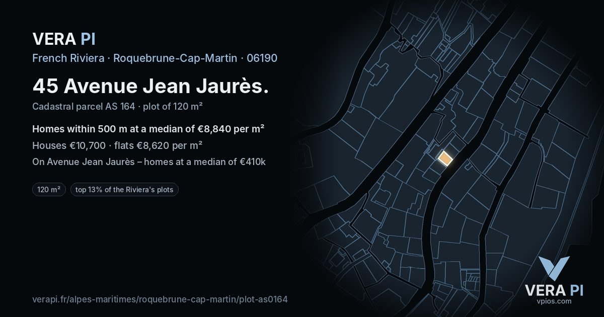 45 Avenue Jean Jaurès, Roquebrune-Cap-Martin at night – the plot lit, the parcels around coloured by the prices near them