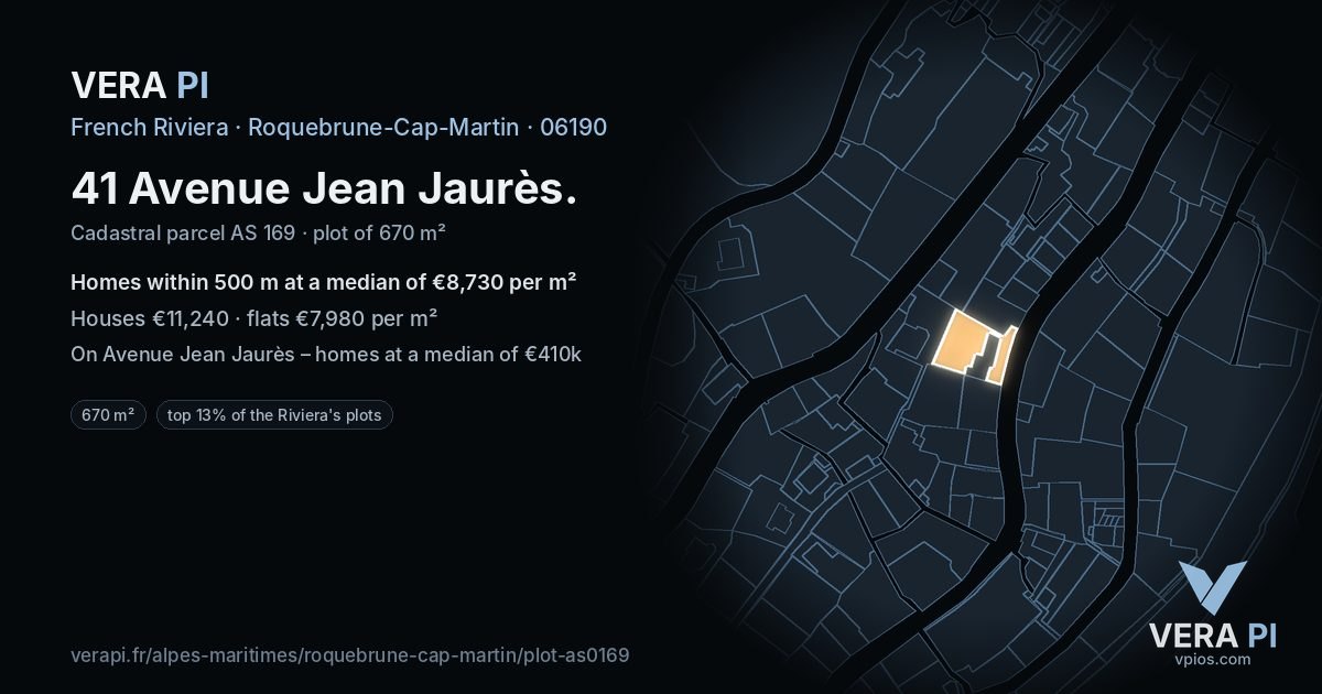 41 Avenue Jean Jaurès, Roquebrune-Cap-Martin at night – the plot lit, the parcels around coloured by the prices near them