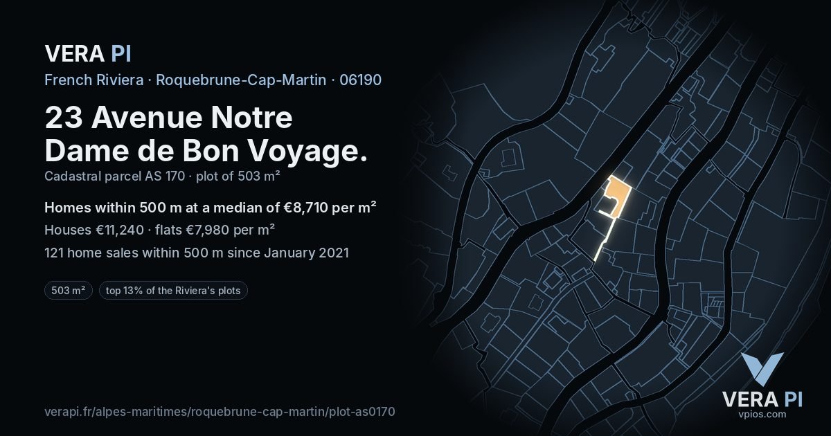 23 Avenue Notre Dame de Bon Voyage, Roquebrune-Cap-Martin at night – the plot lit, the parcels around coloured by the prices near them