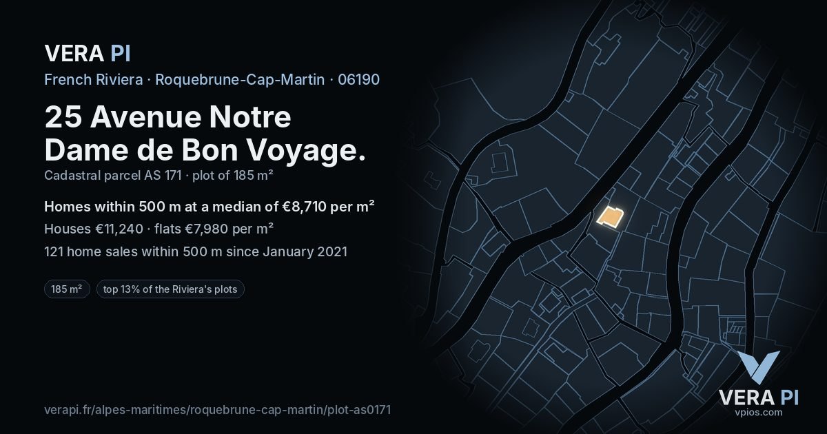 25 Avenue Notre Dame de Bon Voyage, Roquebrune-Cap-Martin at night – the plot lit, the parcels around coloured by the prices near them