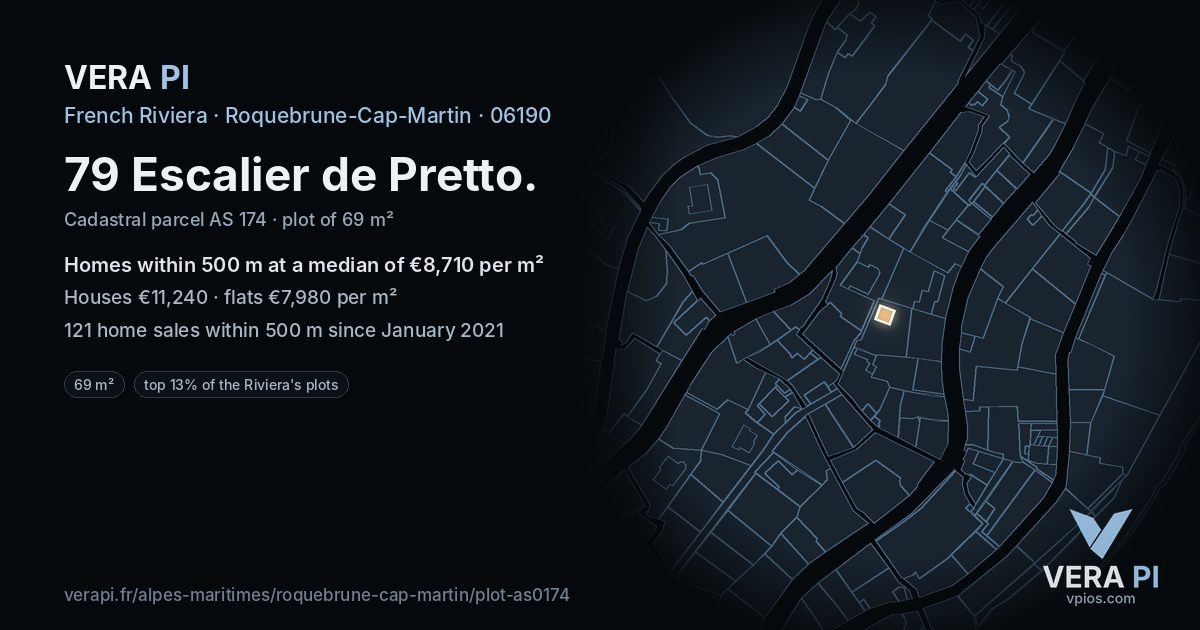 79 Escalier de Pretto, Roquebrune-Cap-Martin at night – the plot lit, the parcels around coloured by the prices near them