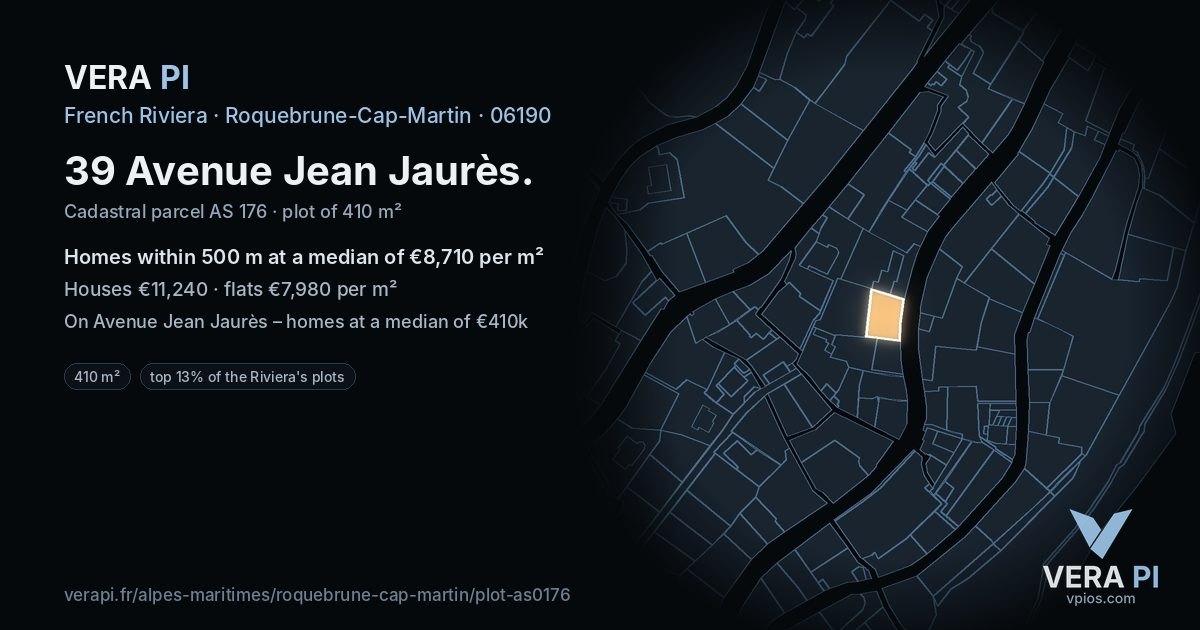 39 Avenue Jean Jaurès, Roquebrune-Cap-Martin at night – the plot lit, the parcels around coloured by the prices near them