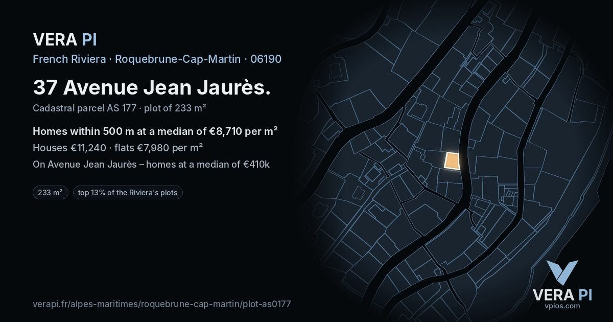 37 Avenue Jean Jaurès, Roquebrune-Cap-Martin at night – the plot lit, the parcels around coloured by the prices near them
