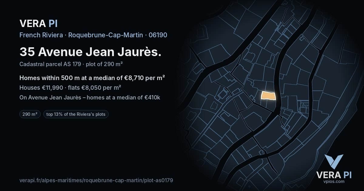 35 Avenue Jean Jaurès, Roquebrune-Cap-Martin at night – the plot lit, the parcels around coloured by the prices near them