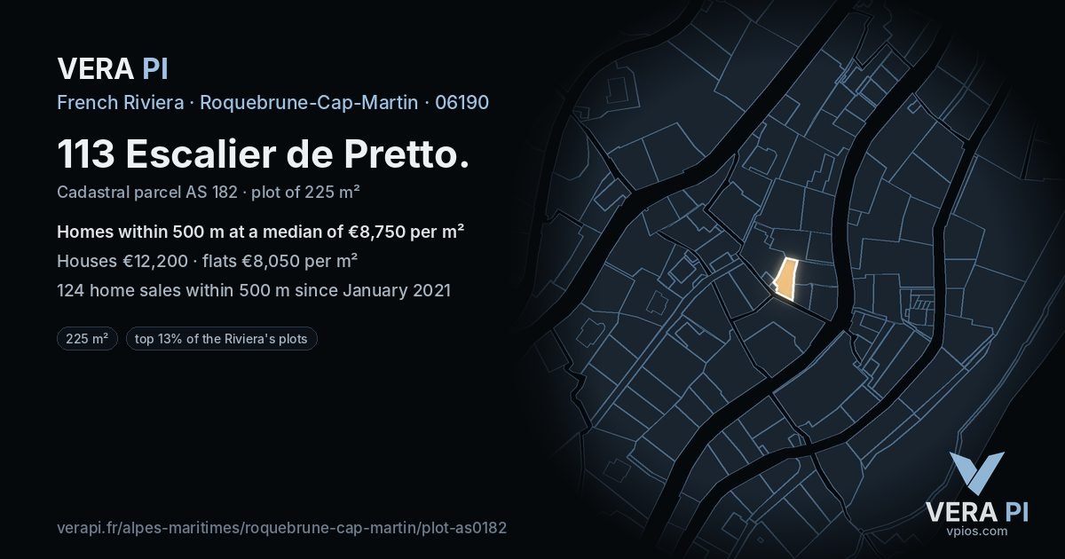 113 Escalier de Pretto, Roquebrune-Cap-Martin at night – the plot lit, the parcels around coloured by the prices near them