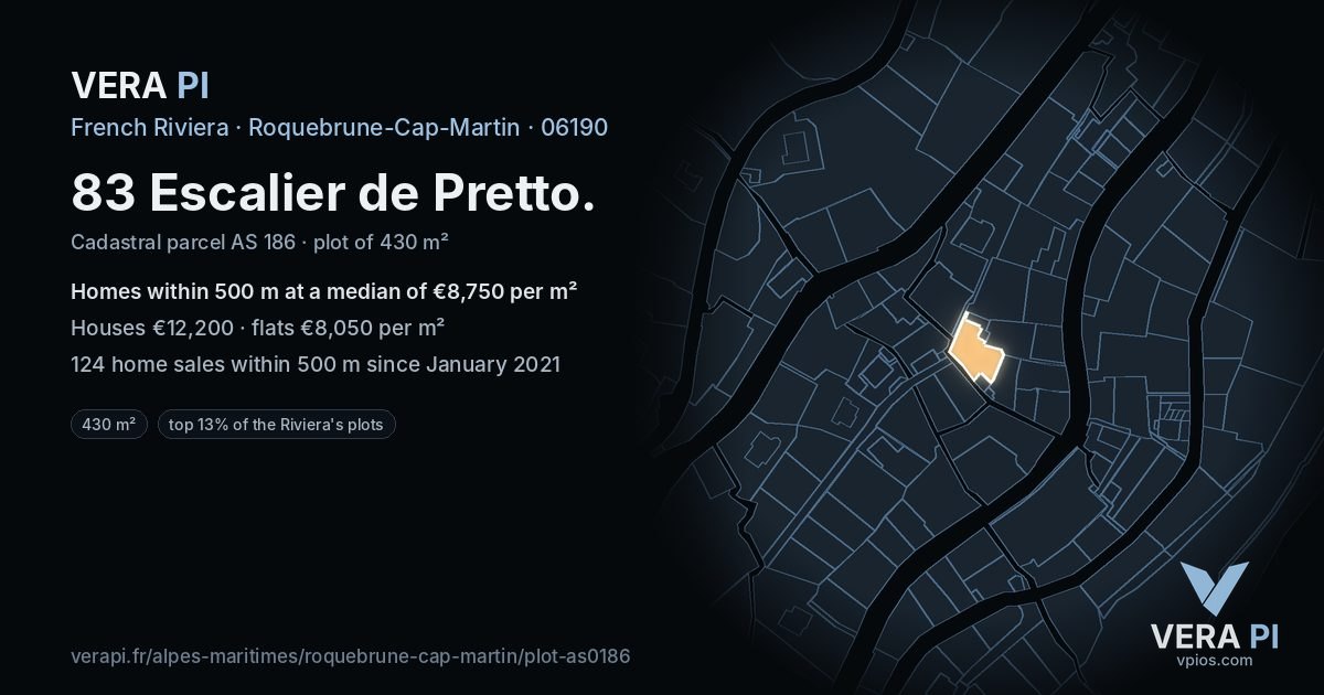 83 Escalier de Pretto, Roquebrune-Cap-Martin at night – the plot lit, the parcels around coloured by the prices near them