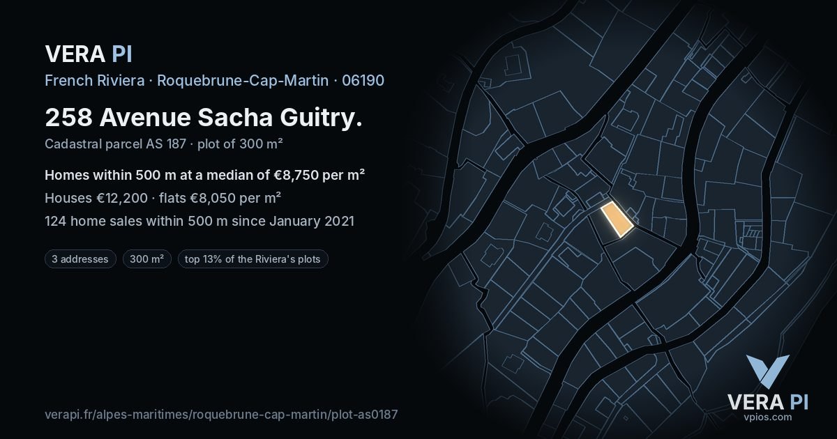 258 Avenue Sacha Guitry, Roquebrune-Cap-Martin at night – the plot lit, the parcels around coloured by the prices near them