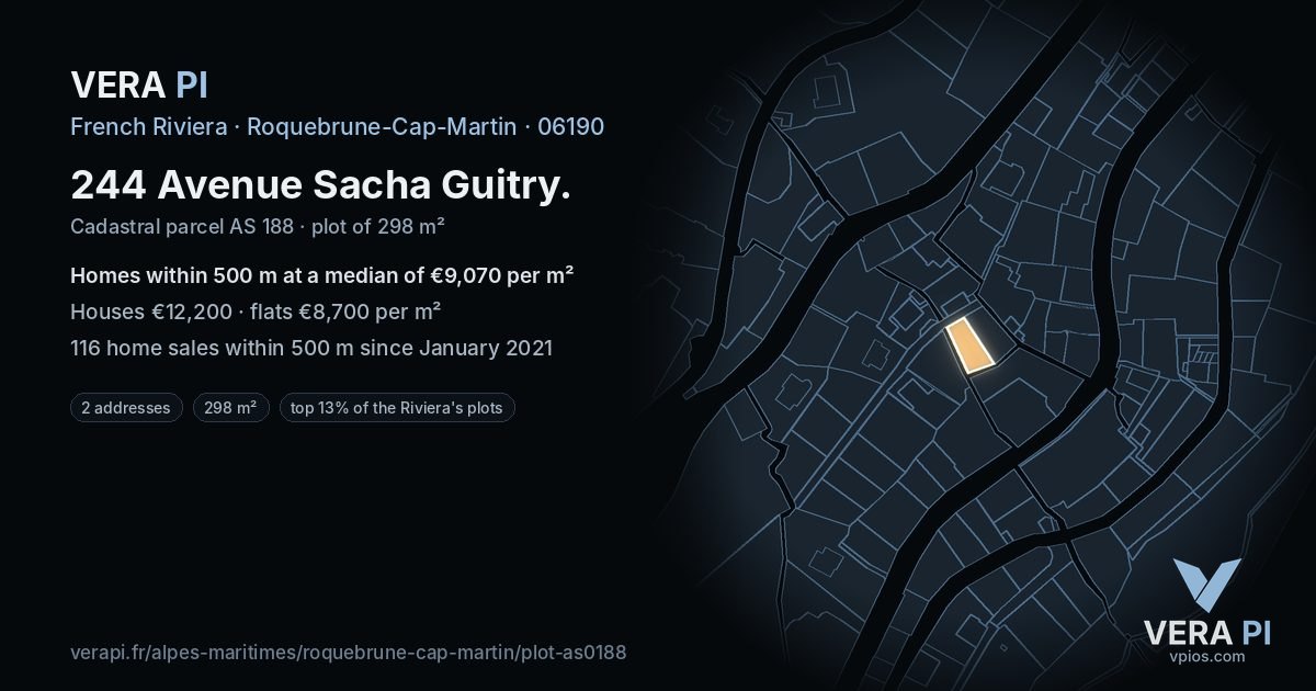 244 Avenue Sacha Guitry, Roquebrune-Cap-Martin at night – the plot lit, the parcels around coloured by the prices near them