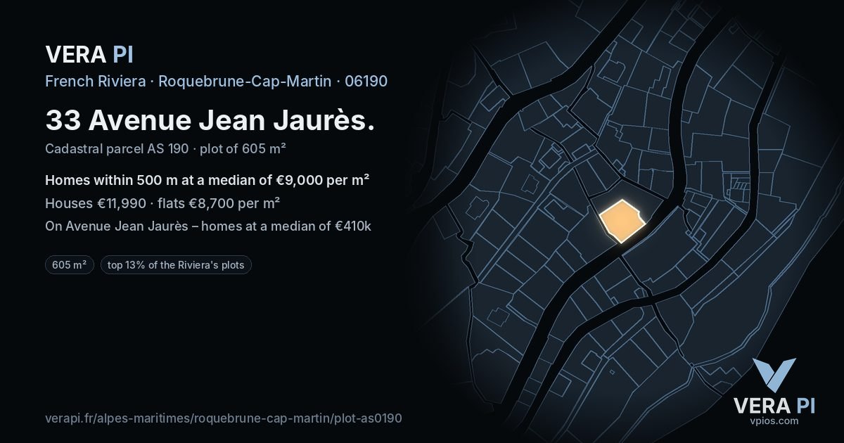 33 Avenue Jean Jaurès, Roquebrune-Cap-Martin at night – the plot lit, the parcels around coloured by the prices near them