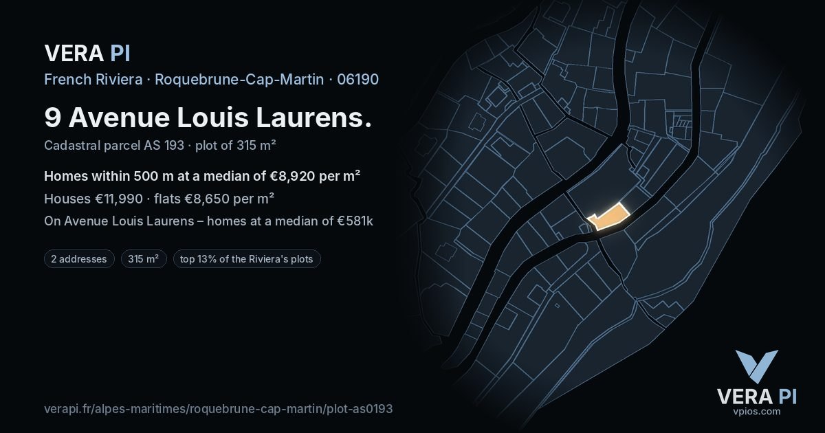 9 Avenue Louis Laurens, Roquebrune-Cap-Martin at night – the plot lit, the parcels around coloured by the prices near them