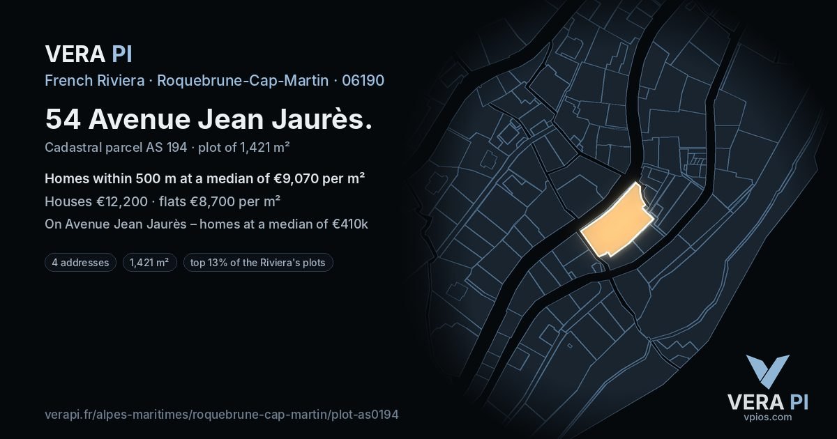 54 Avenue Jean Jaurès, Roquebrune-Cap-Martin at night – the plot lit, the parcels around coloured by the prices near them
