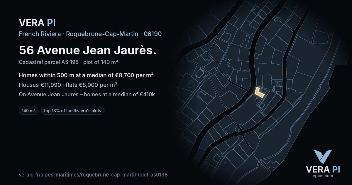 56 Avenue Jean Jaurès, Roquebrune-Cap-Martin at night – the plot lit, the parcels around coloured by the prices near them