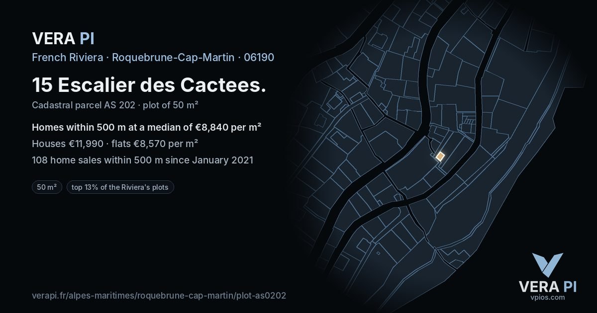 15 Escalier des Cactees, Roquebrune-Cap-Martin at night – the plot lit, the parcels around coloured by the prices near them