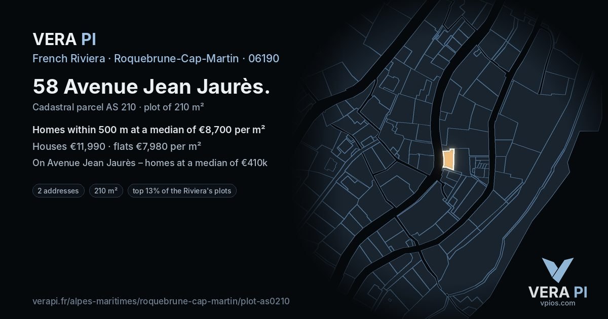 58 Avenue Jean Jaurès, Roquebrune-Cap-Martin at night – the plot lit, the parcels around coloured by the prices near them