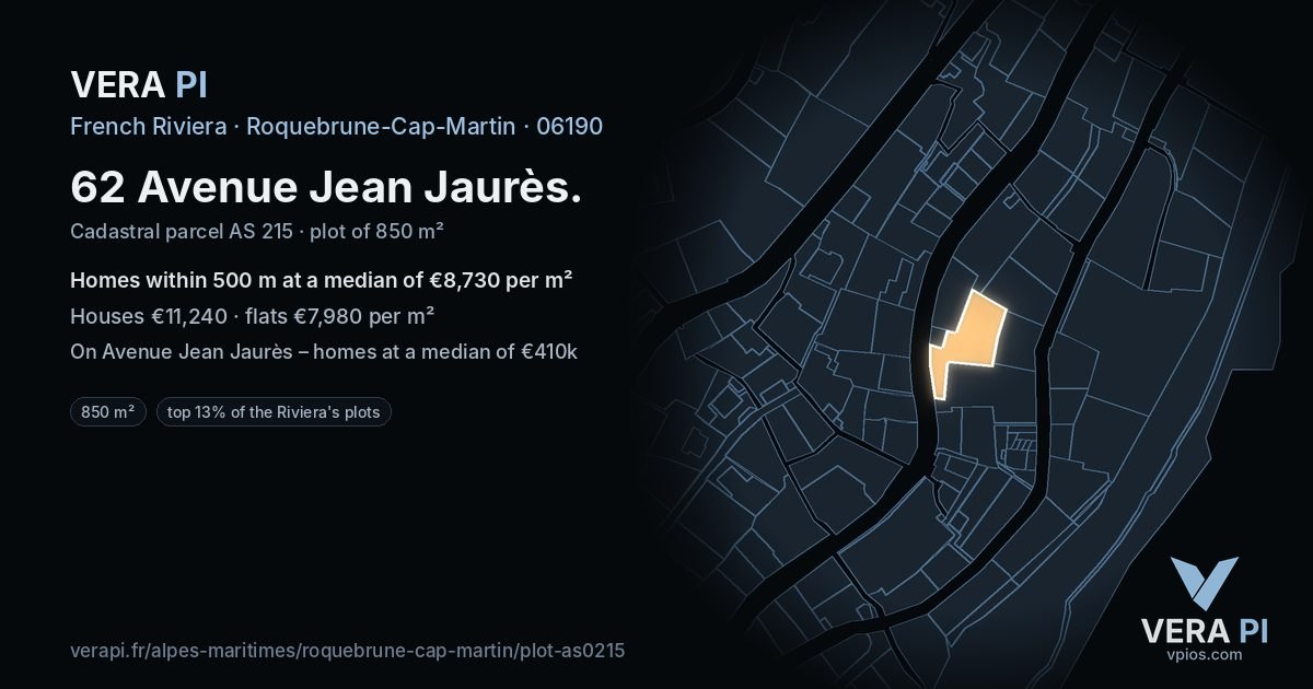62 Avenue Jean Jaurès, Roquebrune-Cap-Martin at night – the plot lit, the parcels around coloured by the prices near them