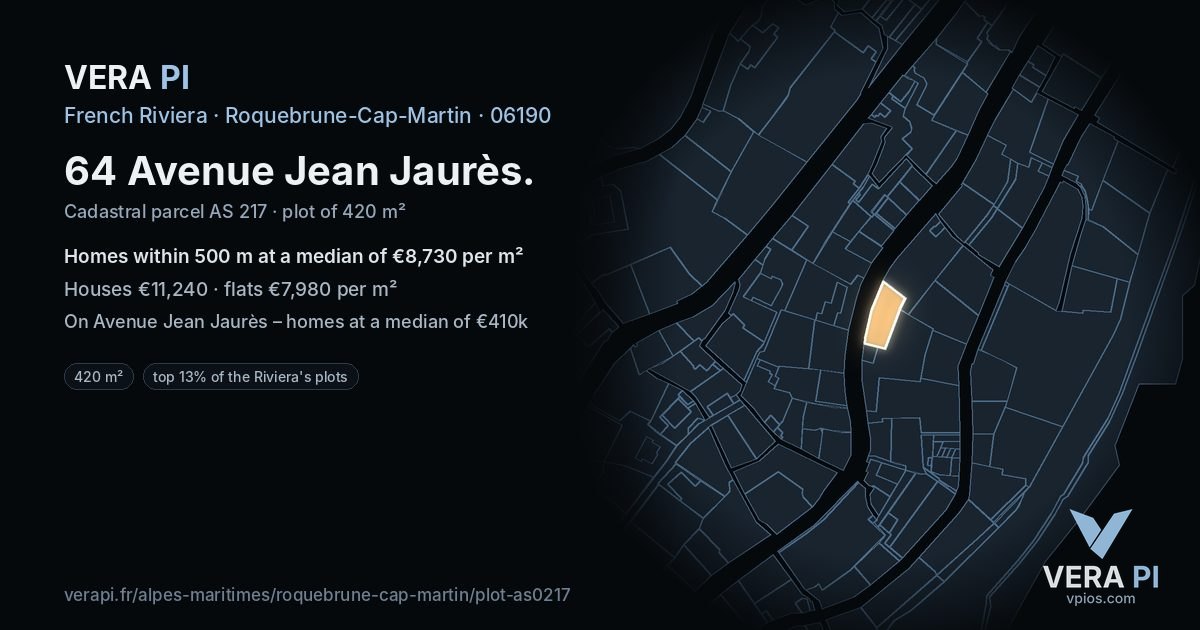 64 Avenue Jean Jaurès, Roquebrune-Cap-Martin at night – the plot lit, the parcels around coloured by the prices near them