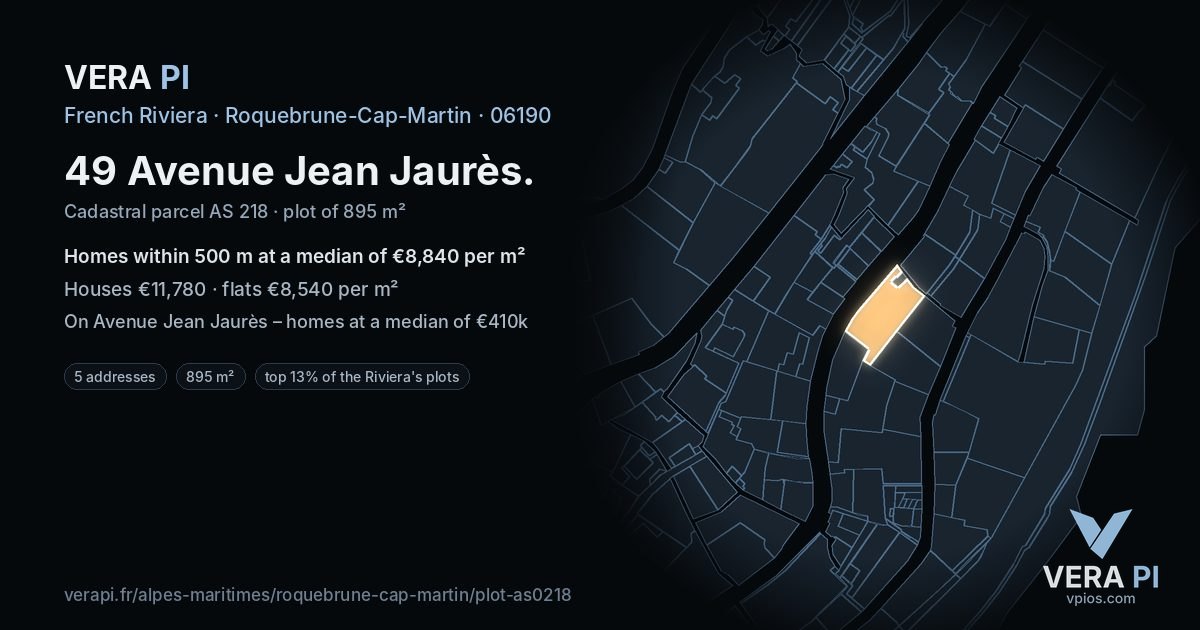 49 Avenue Jean Jaurès, Roquebrune-Cap-Martin at night – the plot lit, the parcels around coloured by the prices near them