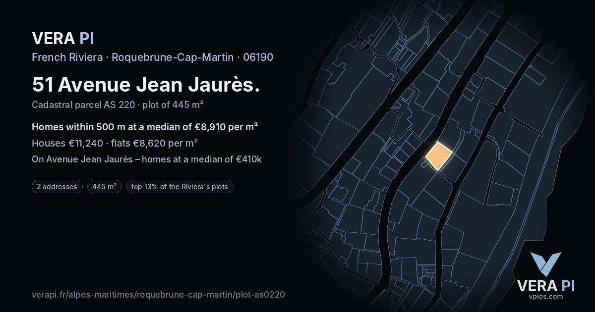 51 Avenue Jean Jaurès, Roquebrune-Cap-Martin at night – the plot lit, the parcels around coloured by the prices near them