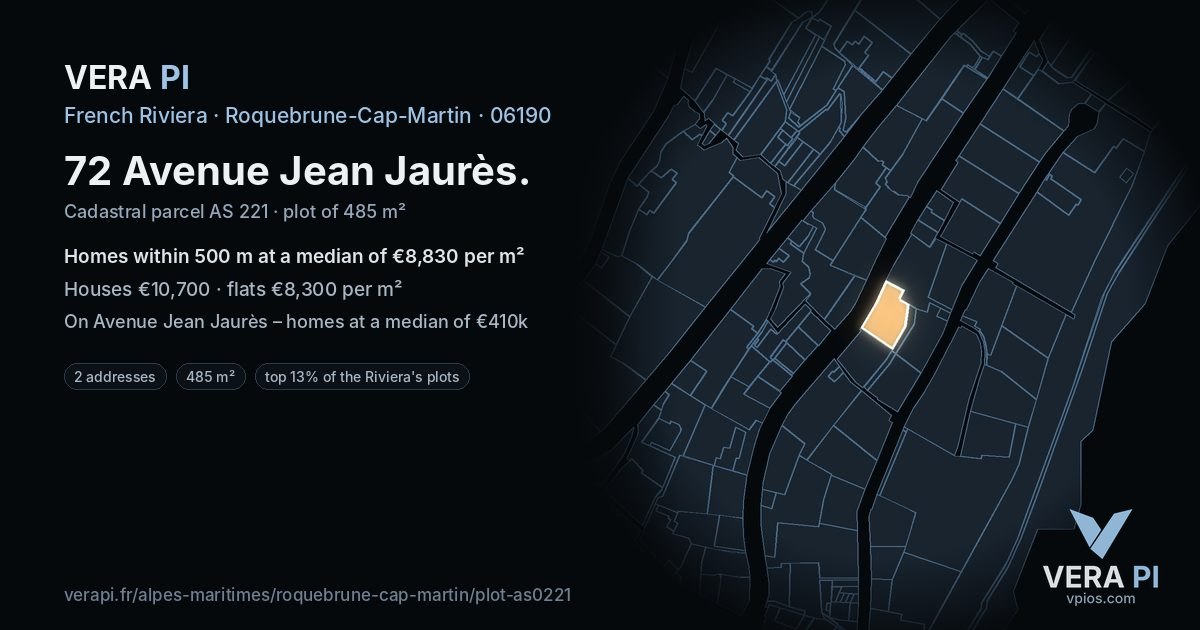 72 Avenue Jean Jaurès, Roquebrune-Cap-Martin at night – the plot lit, the parcels around coloured by the prices near them