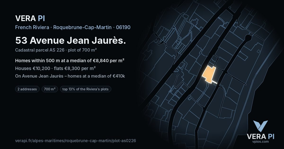 53 Avenue Jean Jaurès, Roquebrune-Cap-Martin at night – the plot lit, the parcels around coloured by the prices near them
