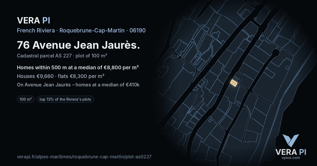 76 Avenue Jean Jaurès, Roquebrune-Cap-Martin at night – the plot lit, the parcels around coloured by the prices near them