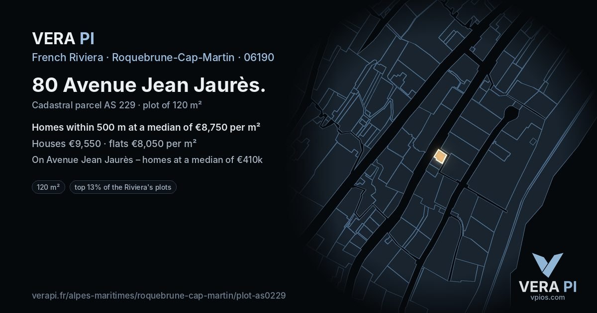 80 Avenue Jean Jaurès, Roquebrune-Cap-Martin at night – the plot lit, the parcels around coloured by the prices near them