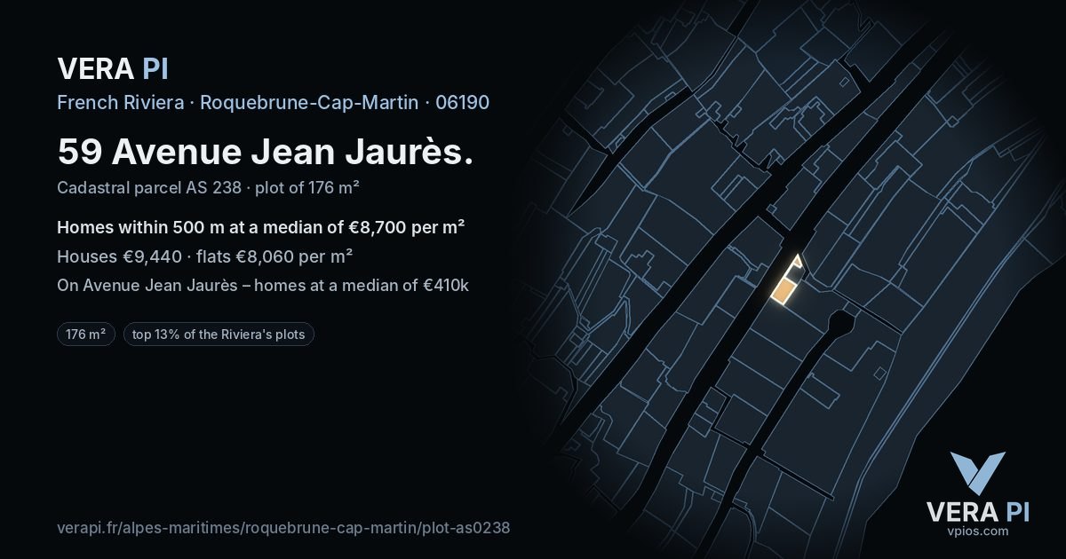 59 Avenue Jean Jaurès, Roquebrune-Cap-Martin at night – the plot lit, the parcels around coloured by the prices near them