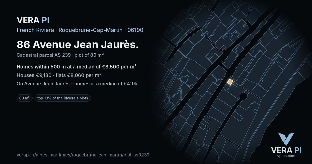 86 Avenue Jean Jaurès, Roquebrune-Cap-Martin at night – the plot lit, the parcels around coloured by the prices near them
