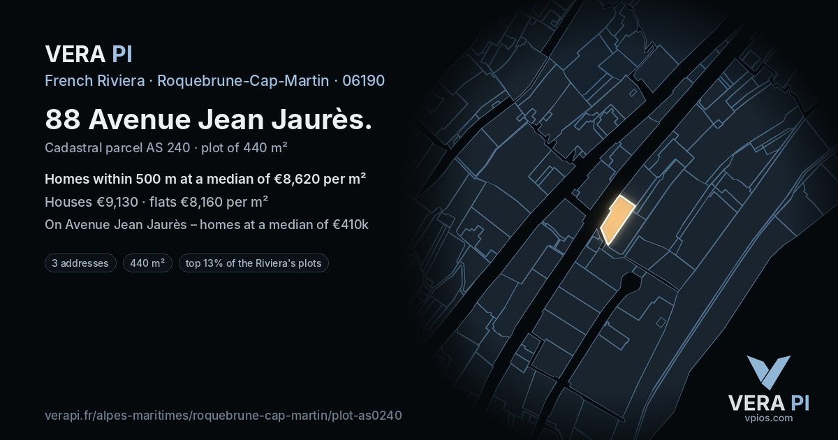 88 Avenue Jean Jaurès, Roquebrune-Cap-Martin at night – the plot lit, the parcels around coloured by the prices near them