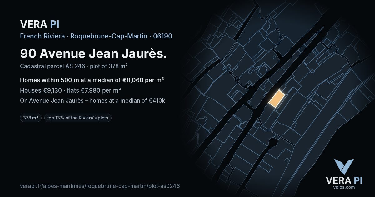 90 Avenue Jean Jaurès, Roquebrune-Cap-Martin at night – the plot lit, the parcels around coloured by the prices near them