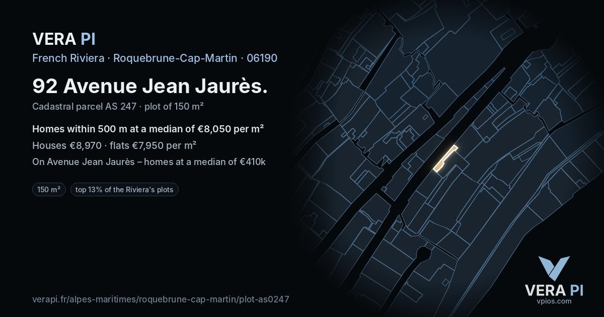 92 Avenue Jean Jaurès, Roquebrune-Cap-Martin at night – the plot lit, the parcels around coloured by the prices near them