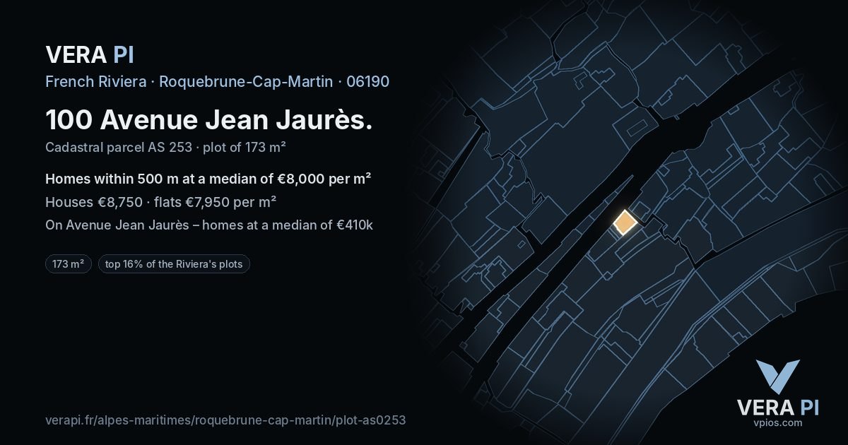 100 Avenue Jean Jaurès, Roquebrune-Cap-Martin at night – the plot lit, the parcels around coloured by the prices near them