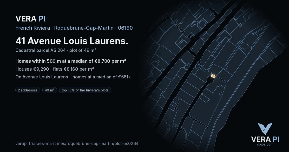 41 Avenue Louis Laurens, Roquebrune-Cap-Martin at night – the plot lit, the parcels around coloured by the prices near them