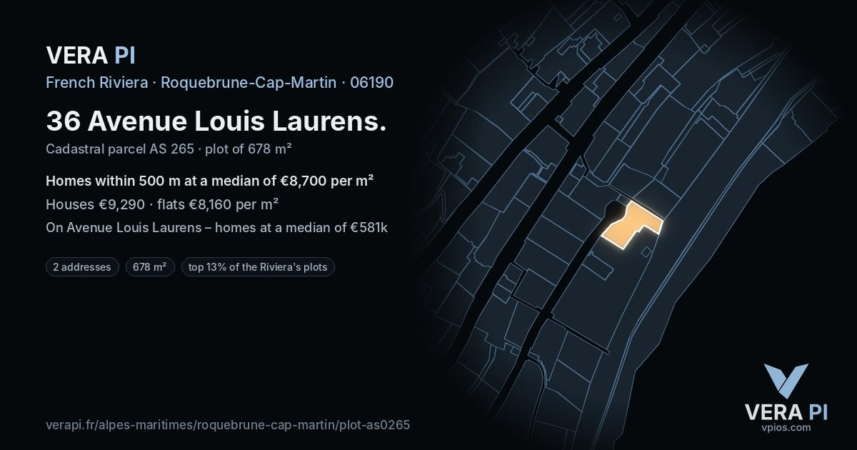 36 Avenue Louis Laurens, Roquebrune-Cap-Martin at night – the plot lit, the parcels around coloured by the prices near them