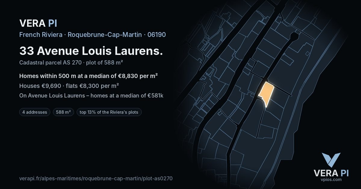 33 Avenue Louis Laurens, Roquebrune-Cap-Martin at night – the plot lit, the parcels around coloured by the prices near them