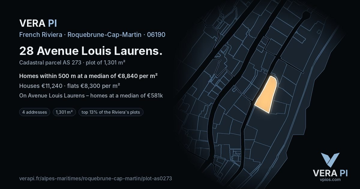 28 Avenue Louis Laurens, Roquebrune-Cap-Martin at night – the plot lit, the parcels around coloured by the prices near them