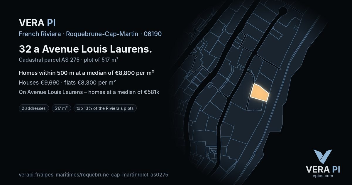 32 a Avenue Louis Laurens, Roquebrune-Cap-Martin at night – the plot lit, the parcels around coloured by the prices near them