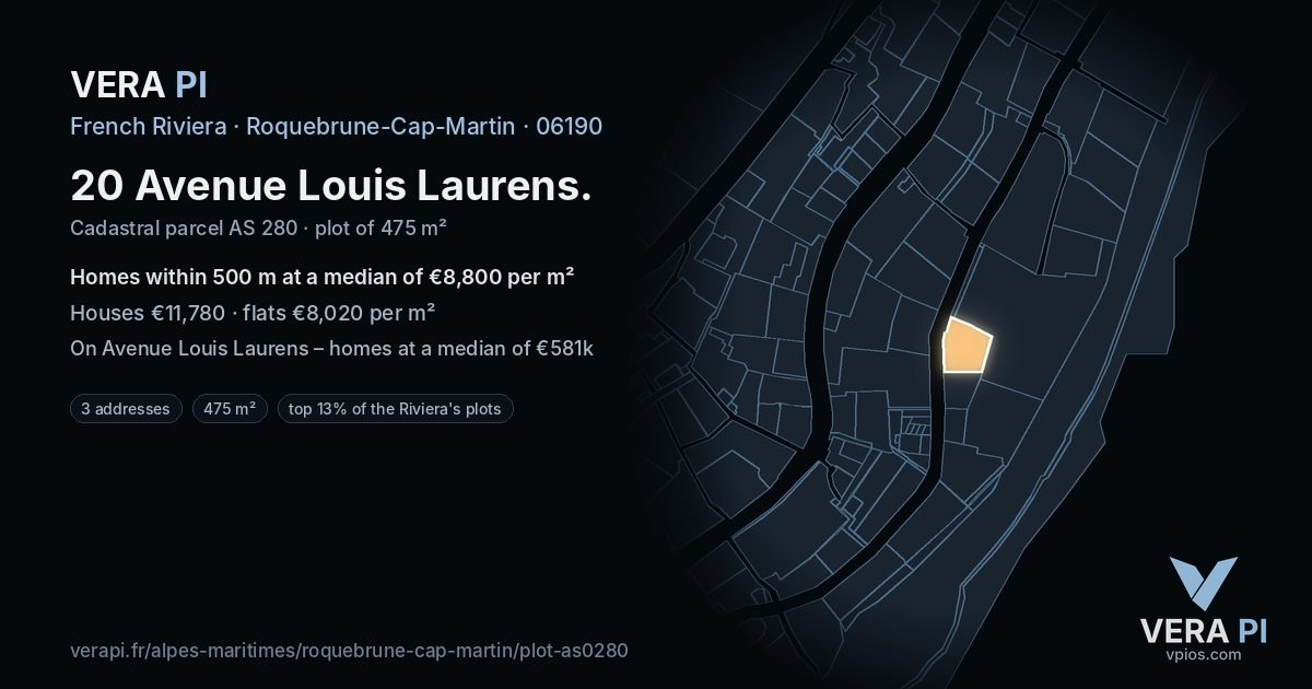 20 Avenue Louis Laurens, Roquebrune-Cap-Martin at night – the plot lit, the parcels around coloured by the prices near them