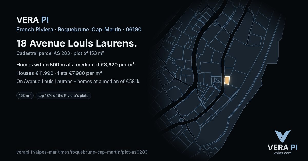 18 Avenue Louis Laurens, Roquebrune-Cap-Martin at night – the plot lit, the parcels around coloured by the prices near them