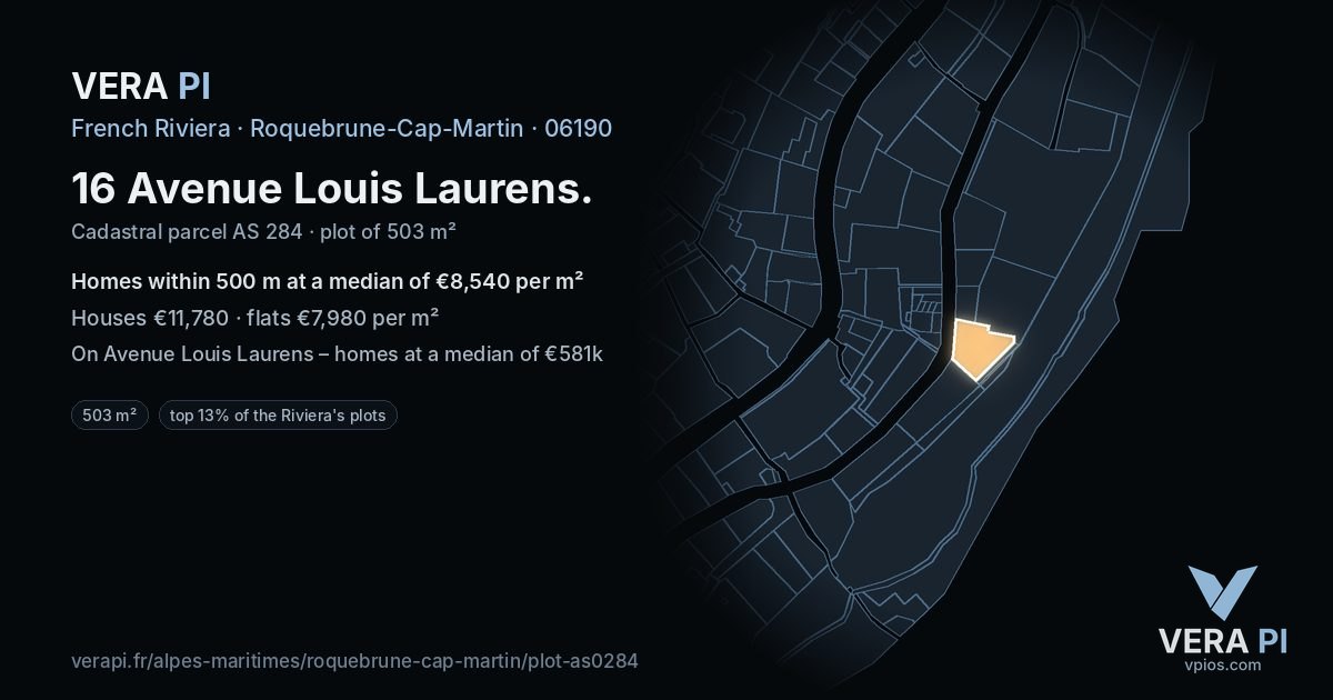 16 Avenue Louis Laurens, Roquebrune-Cap-Martin at night – the plot lit, the parcels around coloured by the prices near them