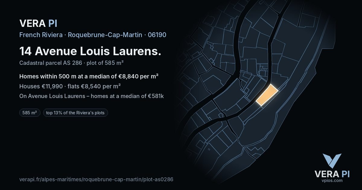 14 Avenue Louis Laurens, Roquebrune-Cap-Martin at night – the plot lit, the parcels around coloured by the prices near them