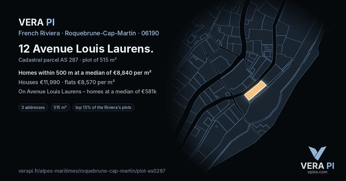 12 Avenue Louis Laurens, Roquebrune-Cap-Martin at night – the plot lit, the parcels around coloured by the prices near them