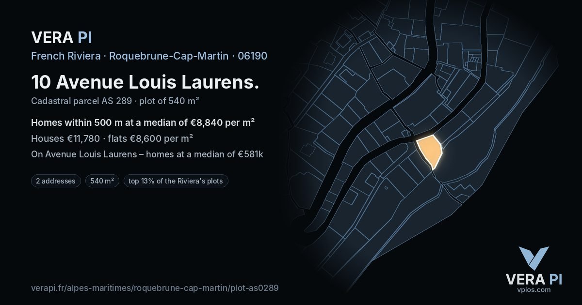10 Avenue Louis Laurens, Roquebrune-Cap-Martin at night – the plot lit, the parcels around coloured by the prices near them