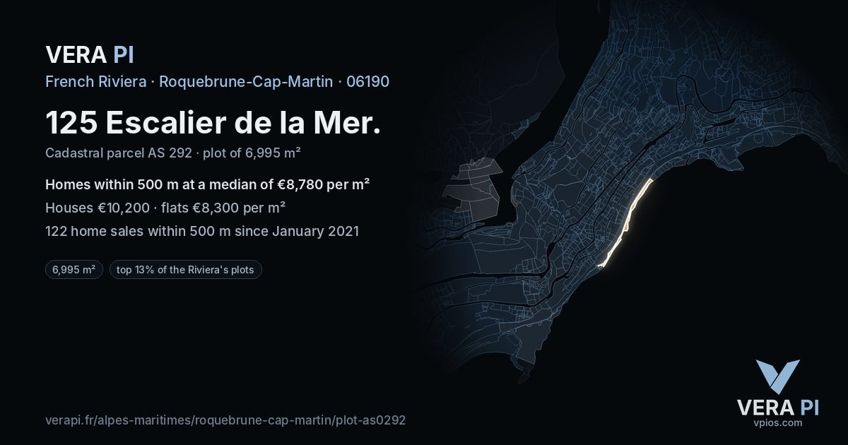 125 Escalier de la Mer, Roquebrune-Cap-Martin at night – the plot lit, the parcels around coloured by the prices near them