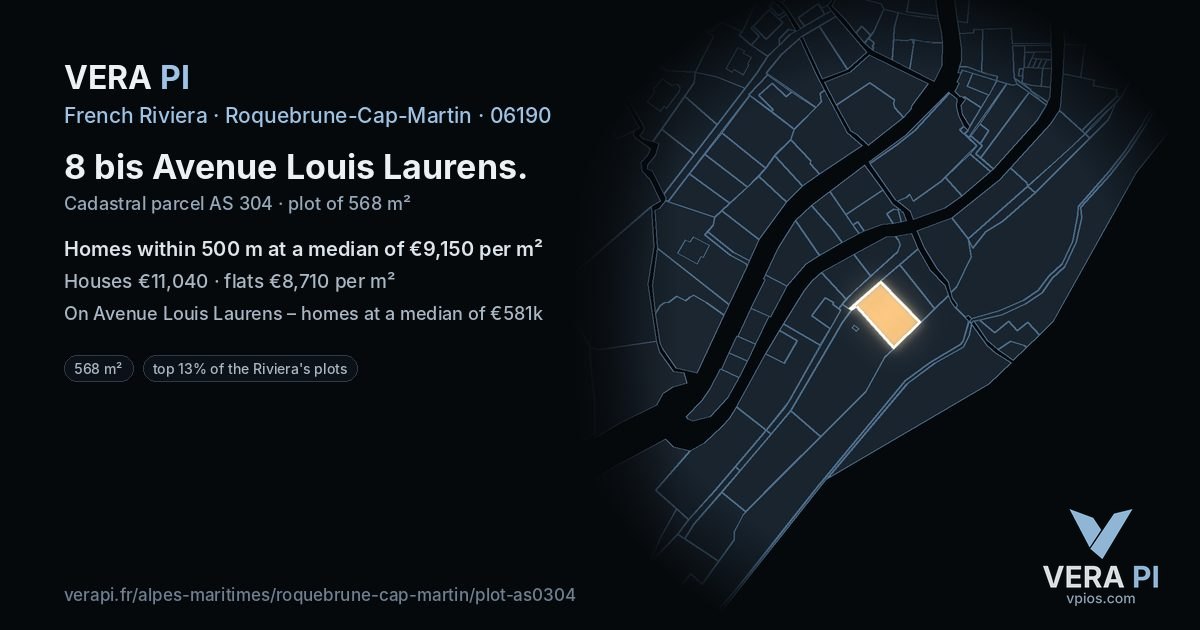 8 bis Avenue Louis Laurens, Roquebrune-Cap-Martin at night – the plot lit, the parcels around coloured by the prices near them