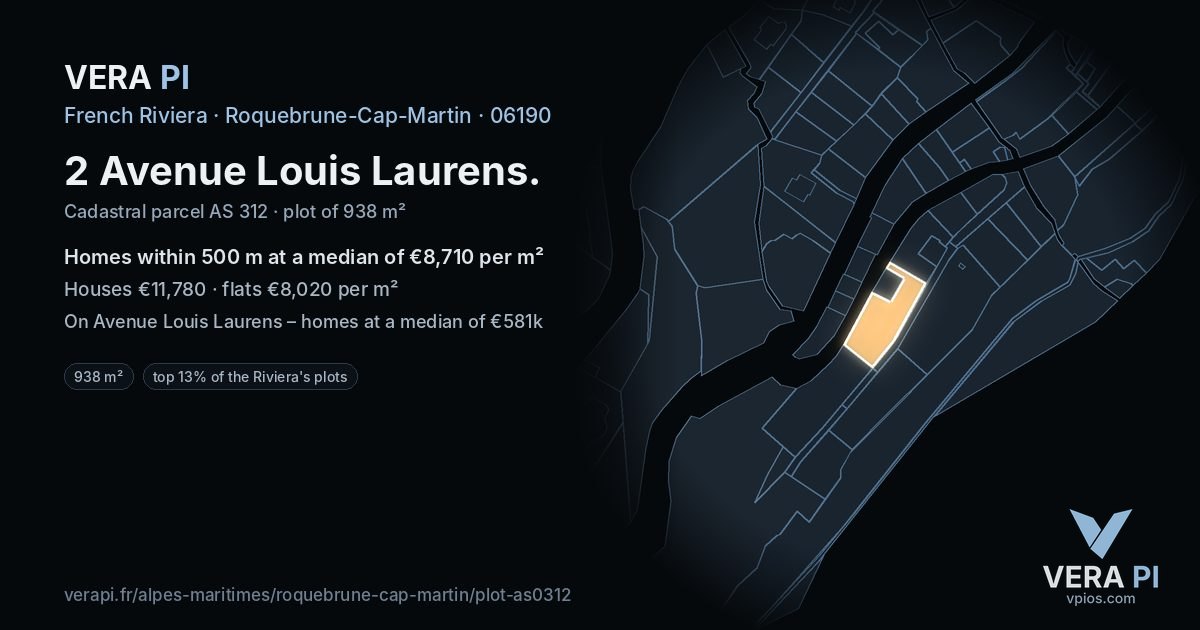 2 Avenue Louis Laurens, Roquebrune-Cap-Martin at night – the plot lit, the parcels around coloured by the prices near them