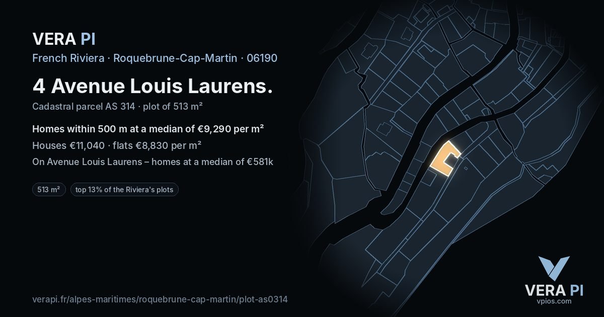 4 Avenue Louis Laurens, Roquebrune-Cap-Martin at night – the plot lit, the parcels around coloured by the prices near them