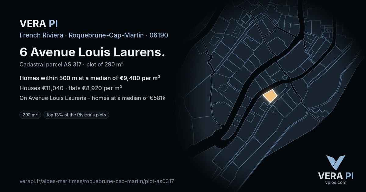 6 Avenue Louis Laurens, Roquebrune-Cap-Martin at night – the plot lit, the parcels around coloured by the prices near them