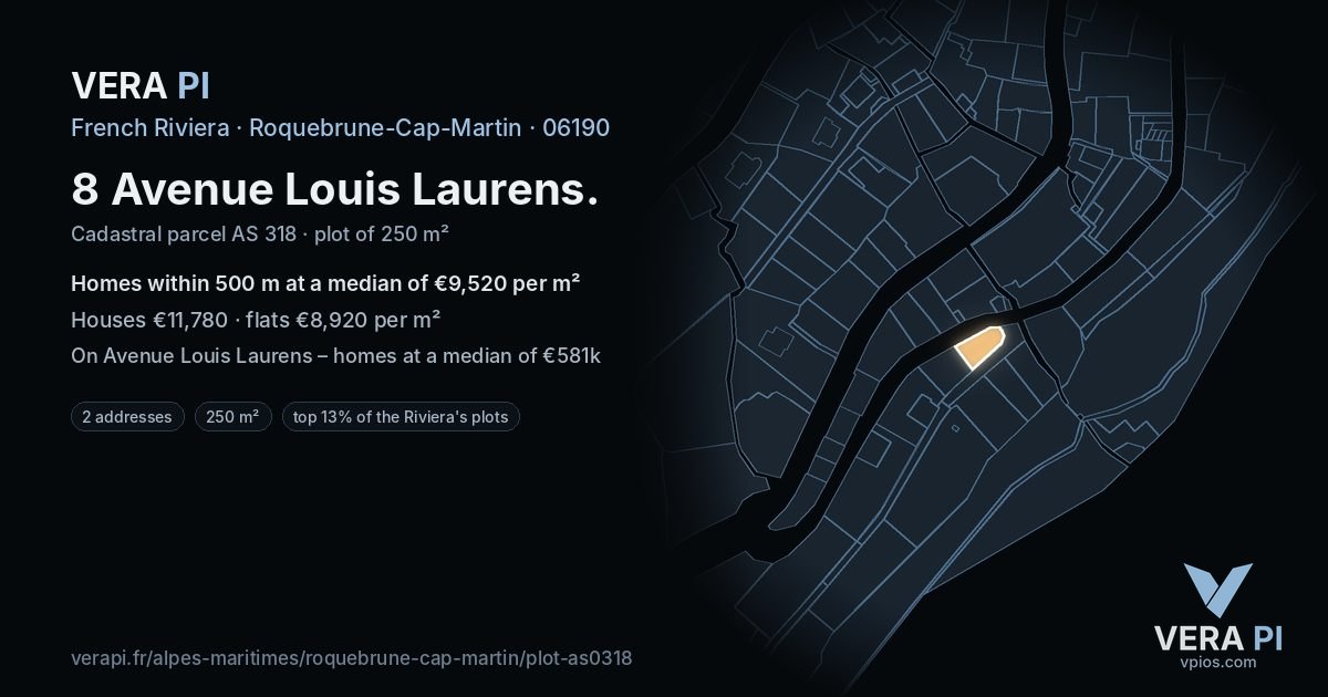 8 Avenue Louis Laurens, Roquebrune-Cap-Martin at night – the plot lit, the parcels around coloured by the prices near them