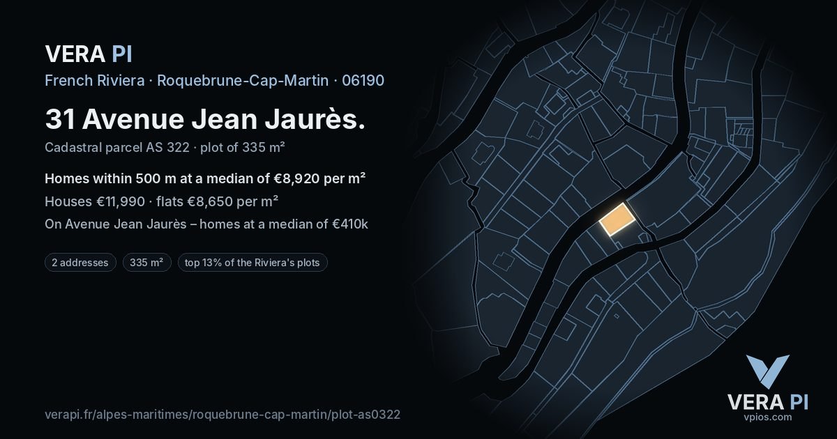 31 Avenue Jean Jaurès, Roquebrune-Cap-Martin at night – the plot lit, the parcels around coloured by the prices near them